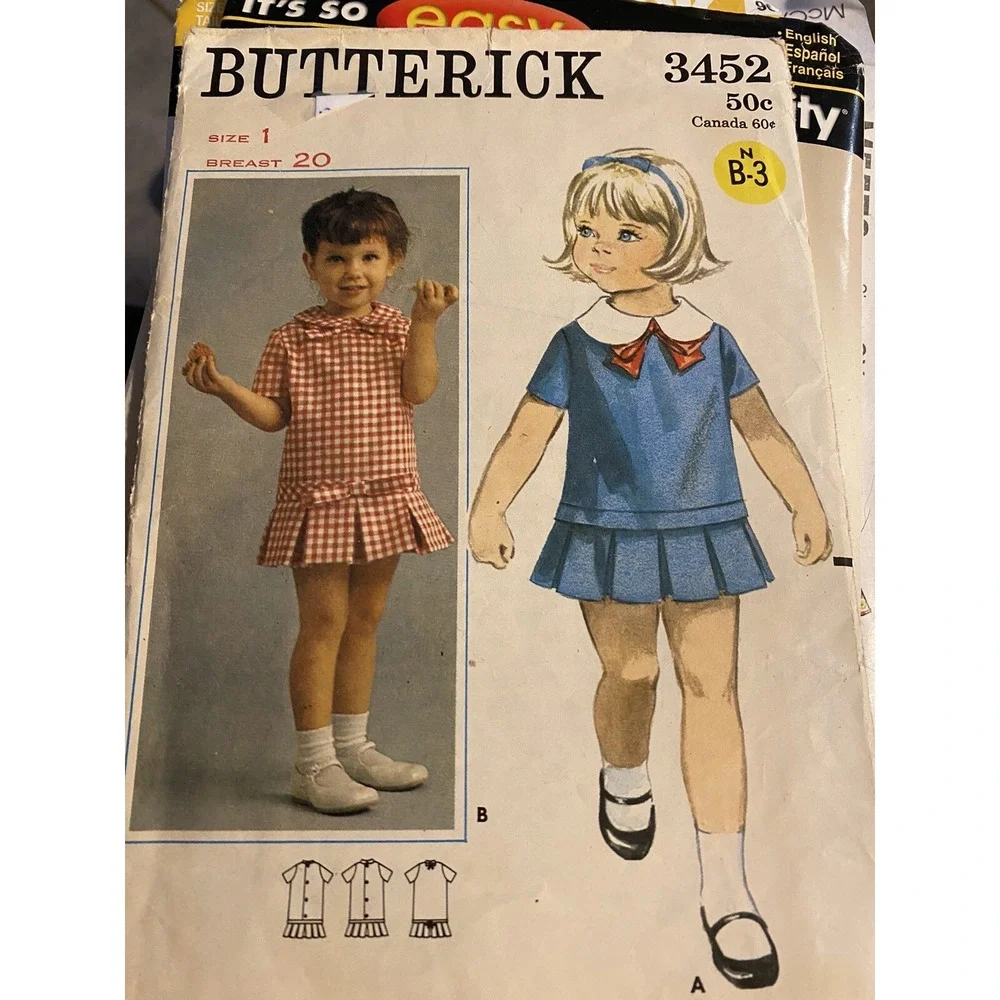 Vintage 1960s Butterick 3452 Toddler Dress Sewing Pattern Size 1 Cut Complete
